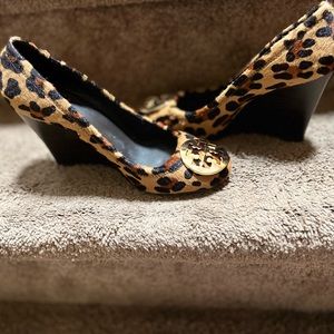 Tory Burch Brown Wedge Shoes with Gold Accent